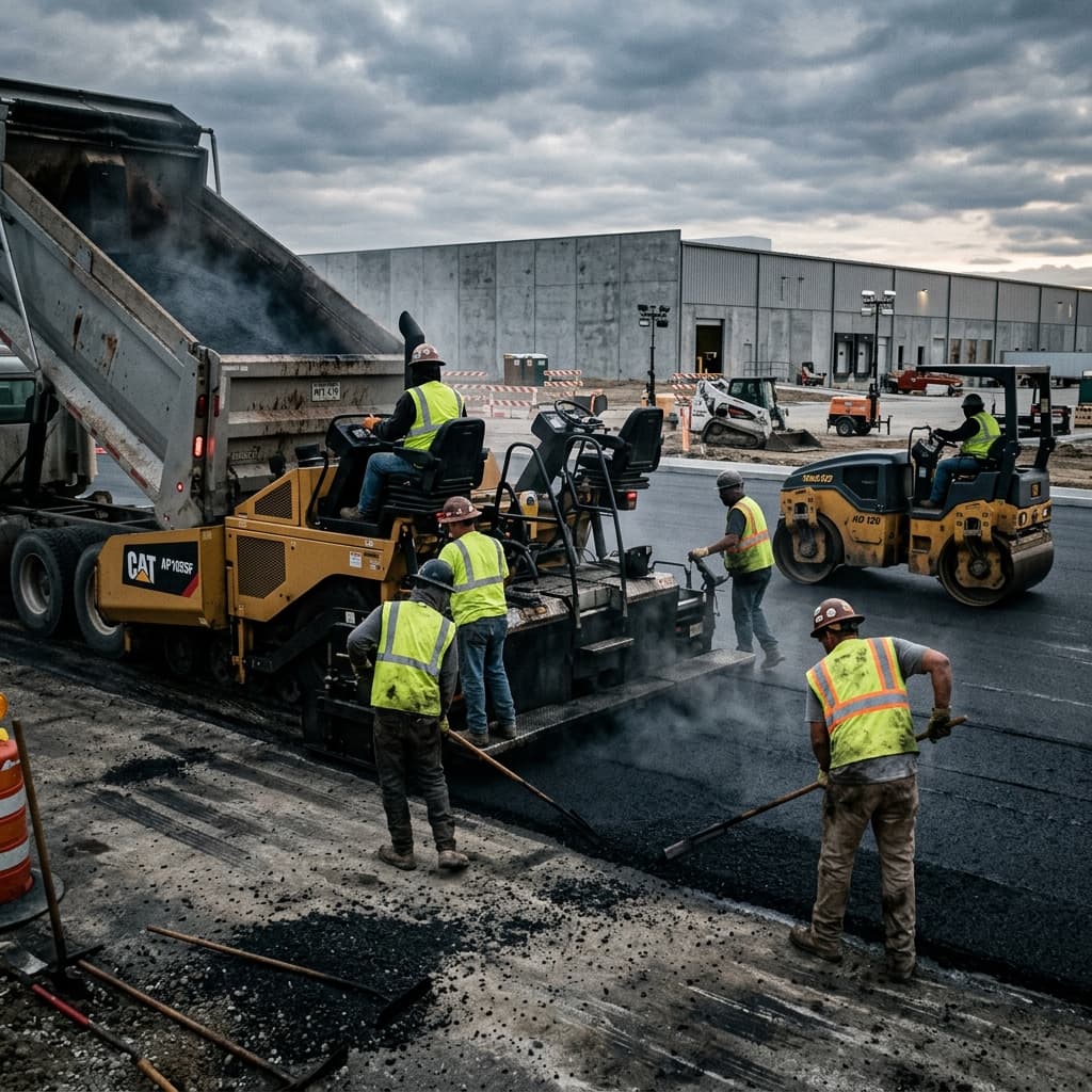 Asphalt paving machinery and crew on a road surface