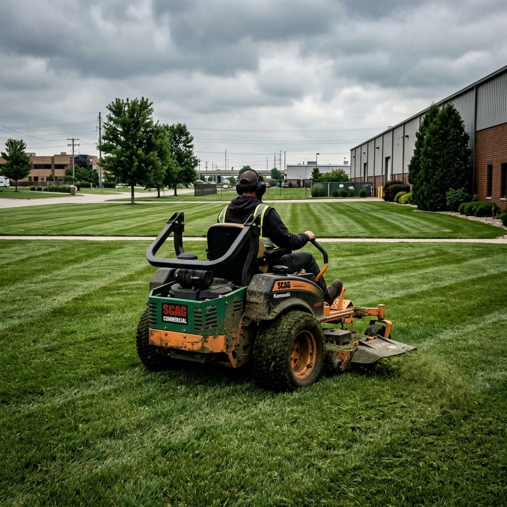 Lawn mowing equipment operating on a maintained property