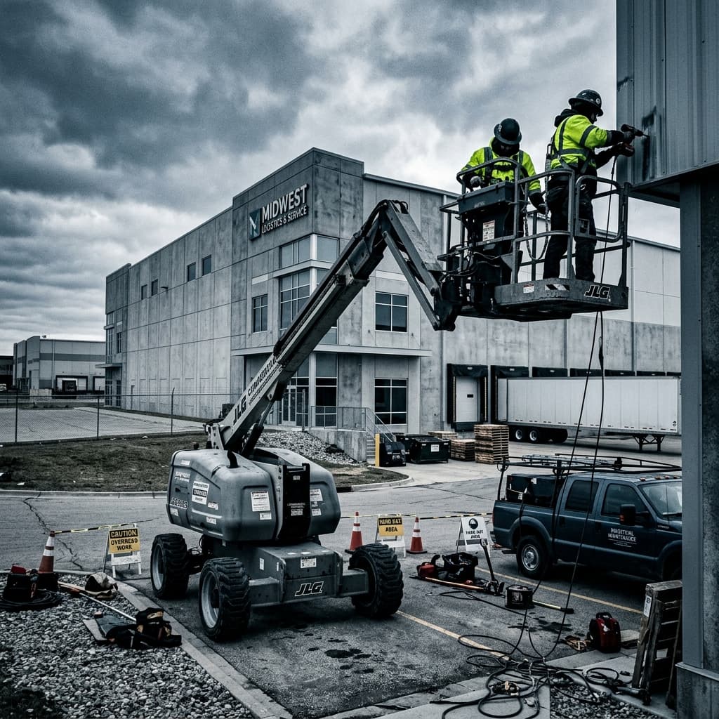 Lift equipment set up near a commercial building